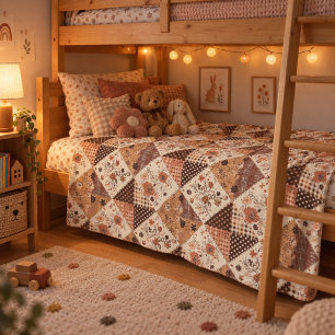 Brown Quilt Patchwork Gingham Cottagecore Floral Fleece Blanket