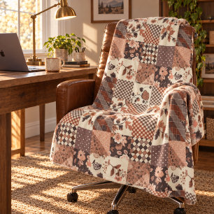 Brown Quilt Patchwork Gingham Cottagecore Floral Fleece Blanket