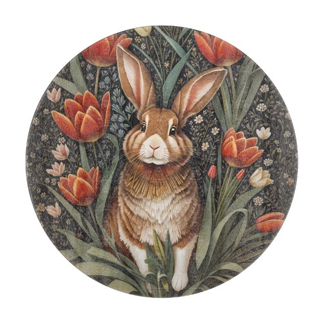 Brown Rabbit Red Tulips William Morris Inspired Cutting Board (Front)