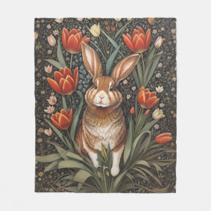 Brown Rabbit Red Tulips William Morris Inspired Fleece Blanket