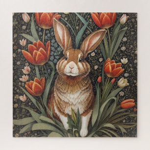 Brown Rabbit Red Tulips William Morris Inspired Jigsaw Puzzle