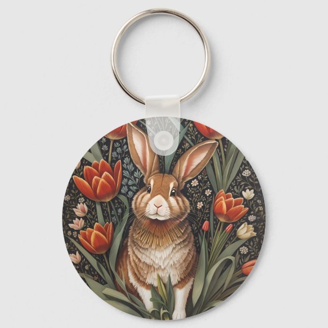 Brown Rabbit Red Tulips William Morris Inspired Keychain (Front)