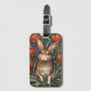 Brown Rabbit Red Tulips William Morris Inspired Luggage Tag
