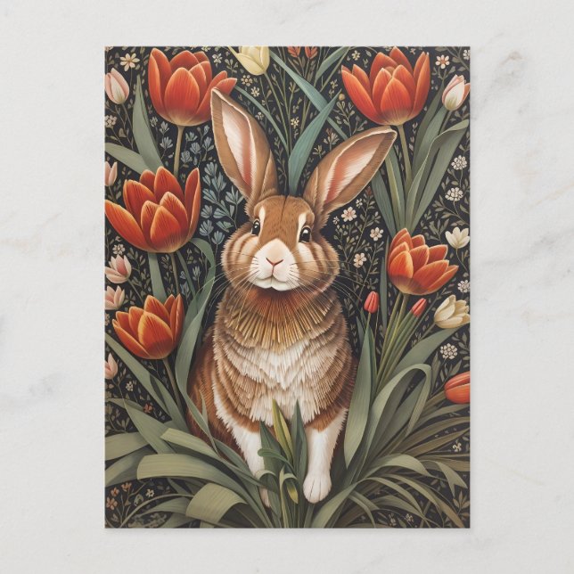 Brown Rabbit Red Tulips William Morris Inspired Postcard (Front)