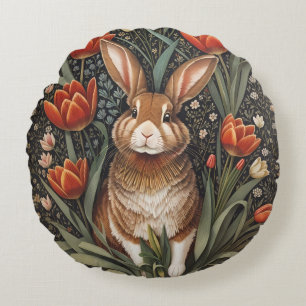 Brown Rabbit Red Tulips William Morris Inspired Round Pillow