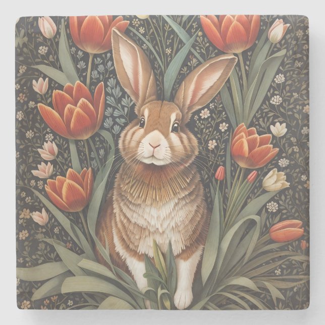 Brown Rabbit Red Tulips William Morris Inspired Stone Coaster (Front)