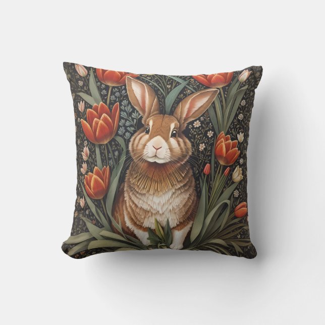 Brown Rabbit Red Tulips William Morris Inspired Throw Pillow (Front)