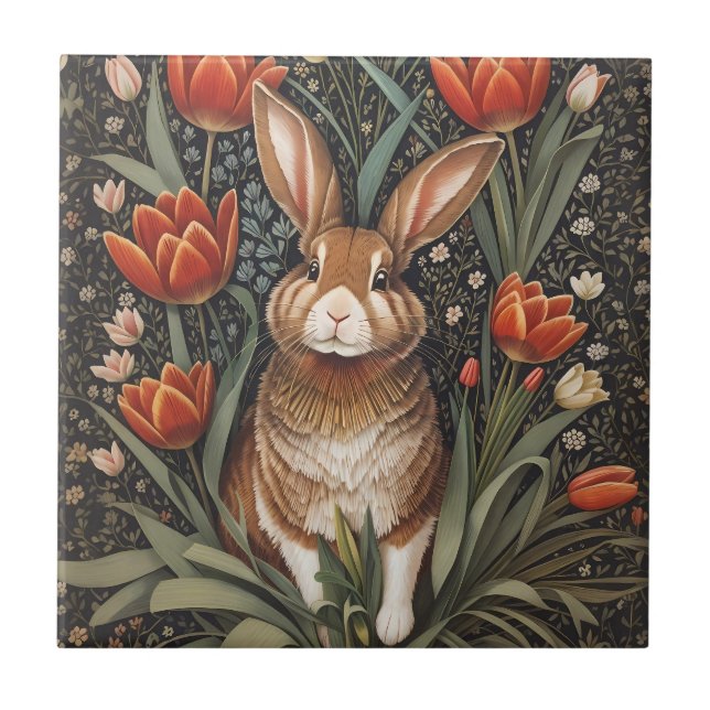 Brown Rabbit Red Tulips William Morris Inspired Tile (Front)