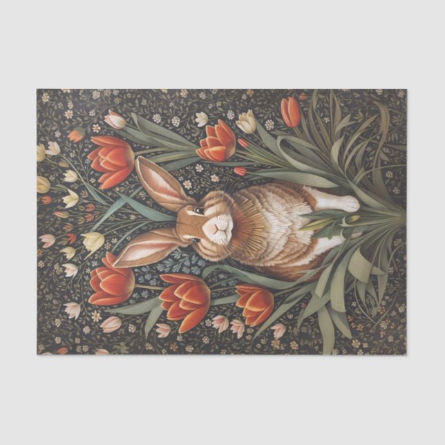 Brown Rabbit Red Tulips William Morris Inspired Tissue Paper (Front)