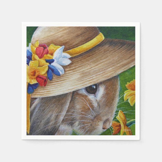 Brown Rabbit Spring Bonnet Daffodil Watercolor Art Napkin (Front)