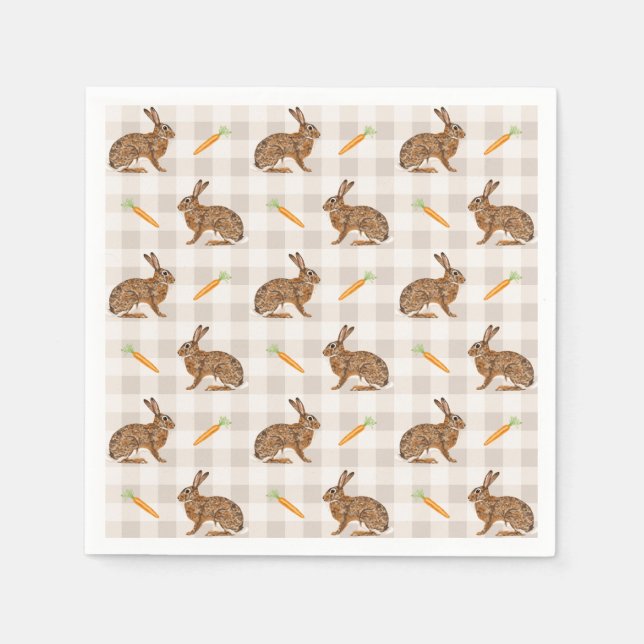 Brown Rabbits And Carrots Rustic Beige Gingham Napkin (Front)
