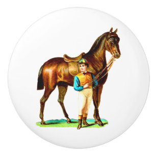 Brown Racing Horse with Jockey vintage art Ceramic Knob