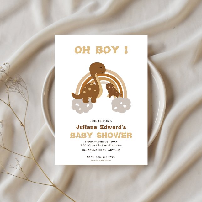 Brown Rainbow Dinosaur cute Little Baby Boy Shower Invitation (Creator Uploaded)
