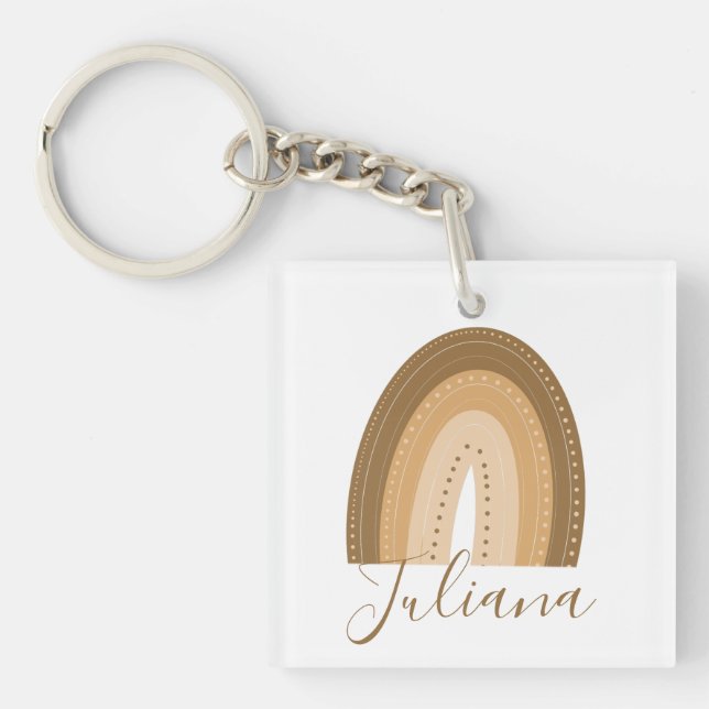 Brown Rainbow Doodle Script Name  Keychain (Front)