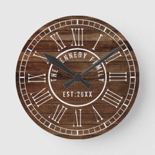Brown Reclaimed Wood White Roman Numeral Family Round Clock