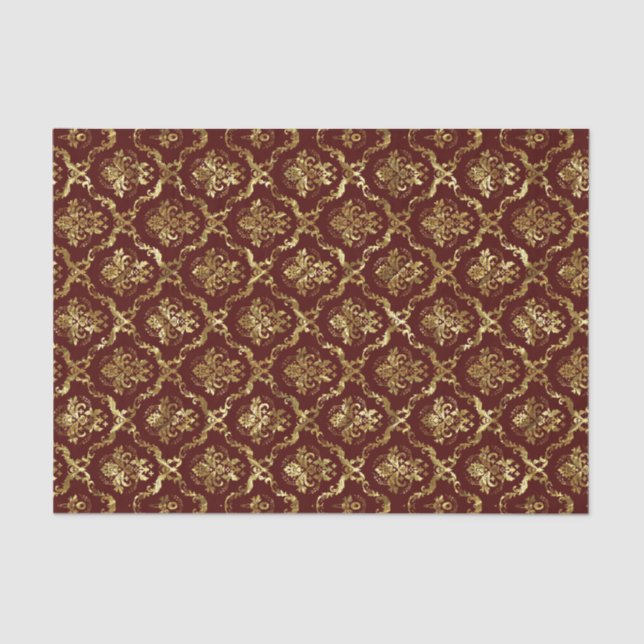Brown-Red And Faux Shiny Gold Floral Damasks Lace Tissue Paper (Front)