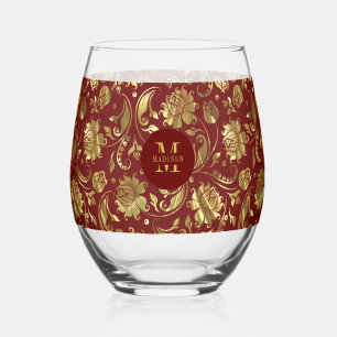 Brown Red and Gold Floral Damask Monogram Stemless Wine Glass