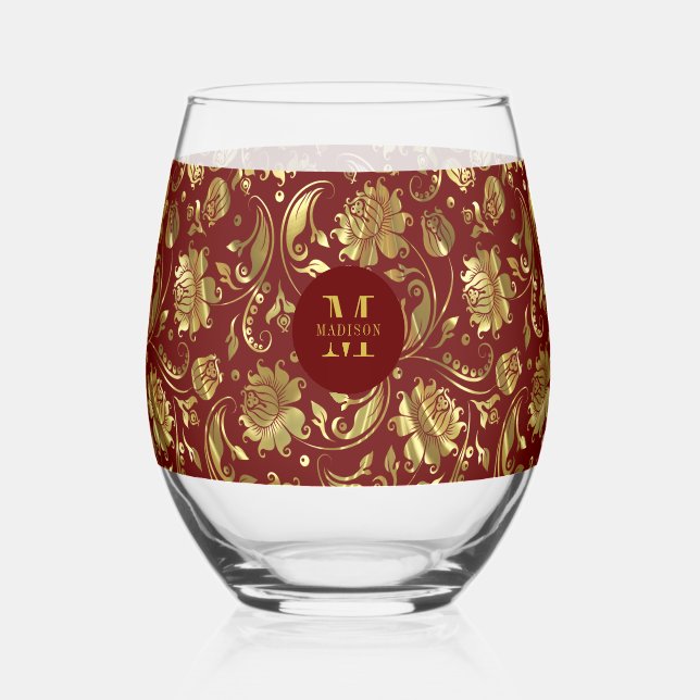 Brown Red and Gold Floral Damask Monogram Stemless Wine Glass (Front)