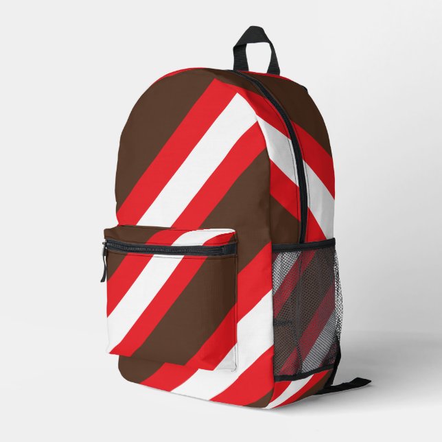 Brown, red and white skew stripes printed backpack (Back Corner Right)