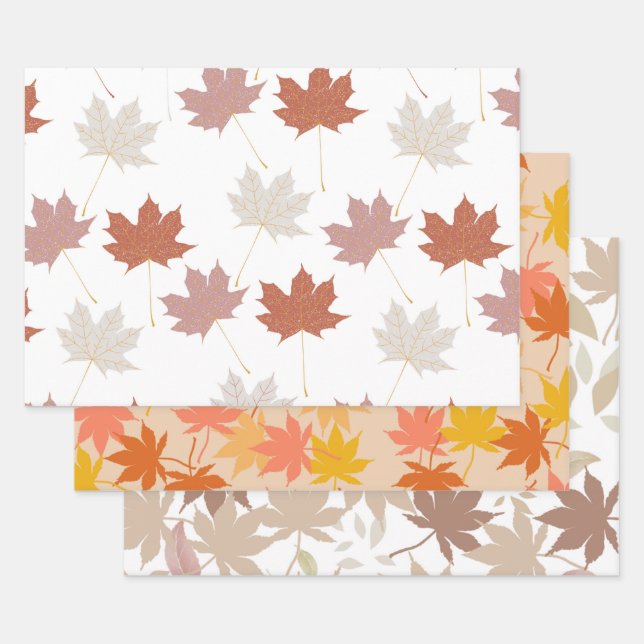 Brown Red Autumn Floral Leaves Y2K Pattern Wrapping Paper Sheet (Set)