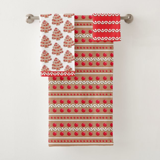 Brown Red Christmas Gingerbread Pattern Bath Towel Set (Insitu)