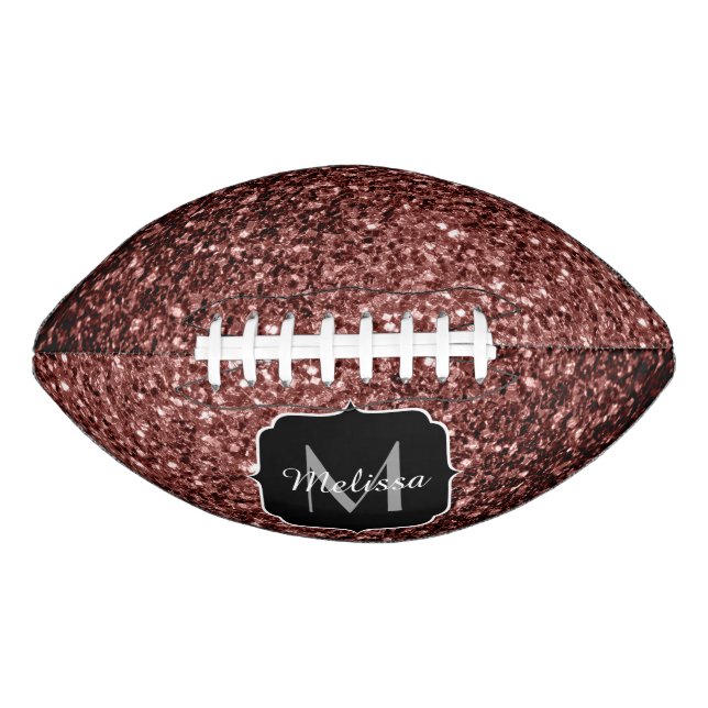 Brown red faux glitter sparkle Monogram name Football (Front)