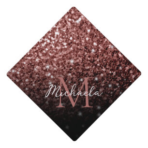 Brown Red faux Glitter sparkles bling Monogram Graduation Cap Topper