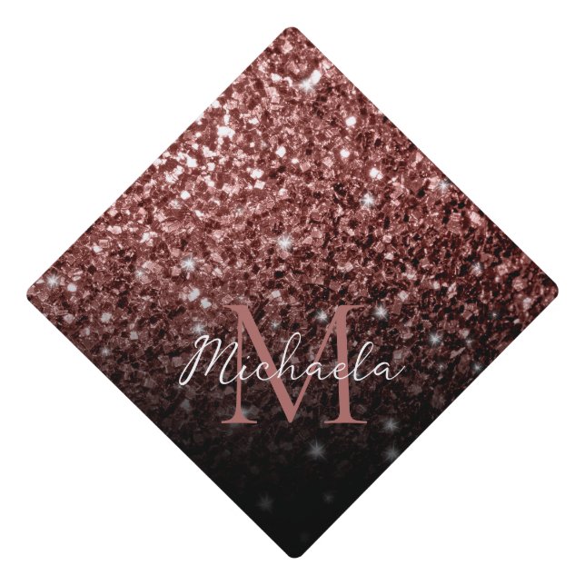Brown Red faux Glitter sparkles bling Monogram Graduation Cap Topper (Front)