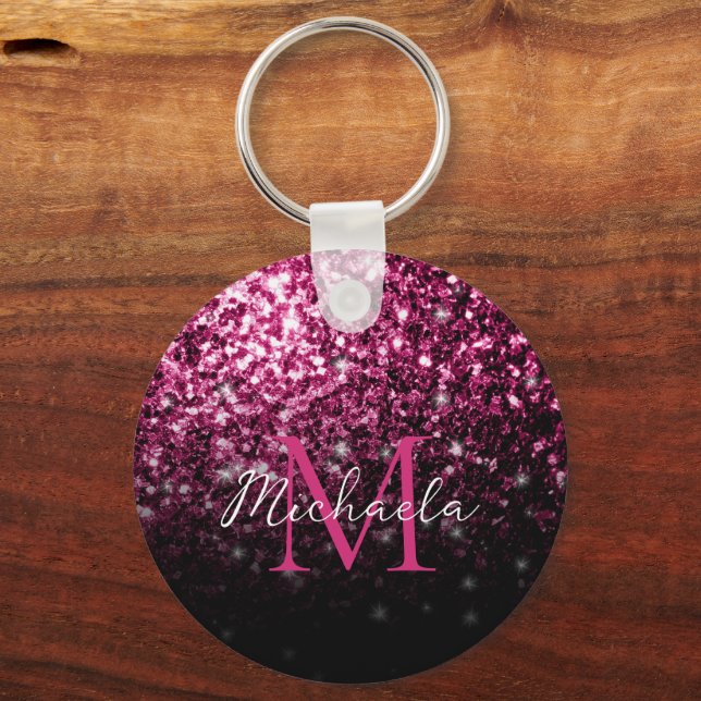Brown Red faux Glitter sparkles bling Monogram Keychain (Front)