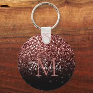 Brown Red faux Glitter sparkles bling Monogram Keychain