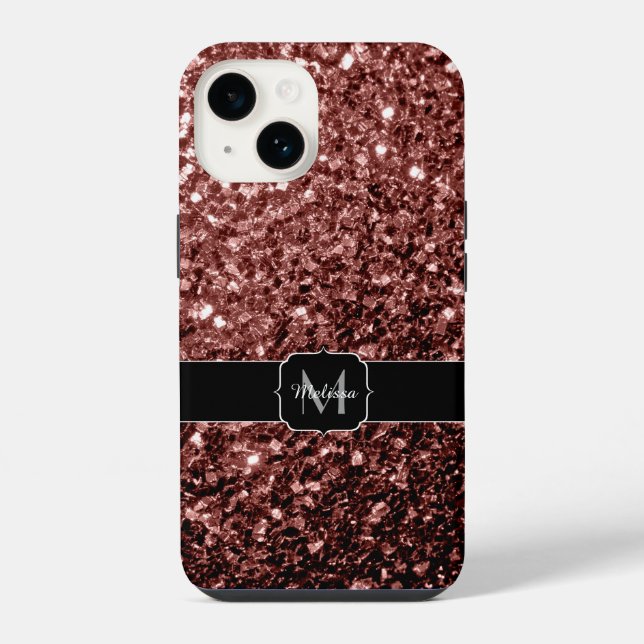 Brown Red faux Glitter sparkles Monogram iPhone Case (Back)