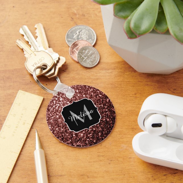 Brown Red faux Glitter sparkles Monogram Keychain (Desk)