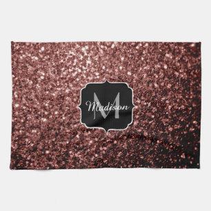 Brown Red faux Glitter sparkles Monogram Kitchen Towel