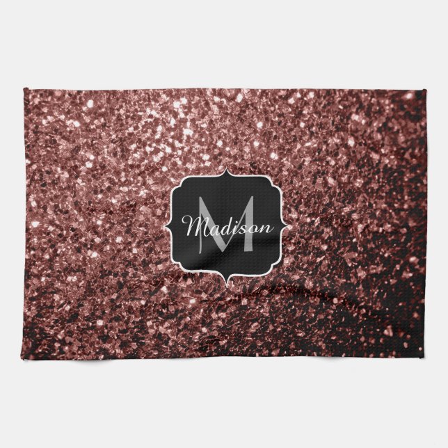Brown Red faux Glitter sparkles Monogram Kitchen Towel (Horizontal)