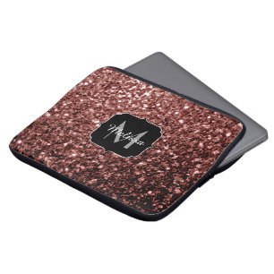 Brown Red faux Glitter sparkles Monogram Laptop Sleeve