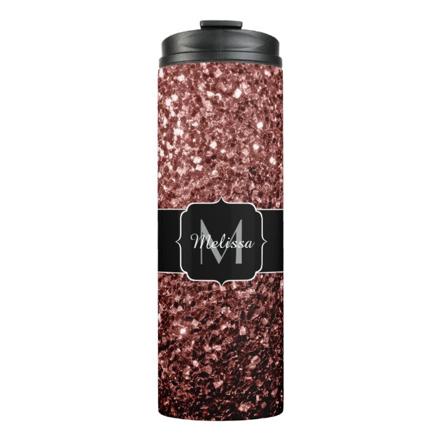 Brown Red faux Glitter sparkles Monogram Thermal Tumbler (Front)