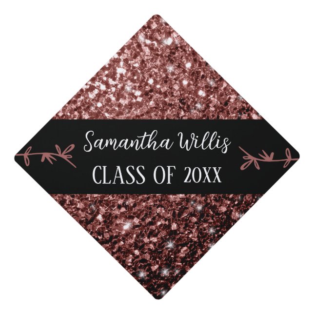 Brown red faux sparkles Custom name Class Graduation Cap Topper (Front)