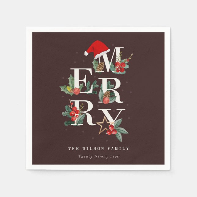Brown Red Green White Merry Christmas Foliage Napkin (Front)