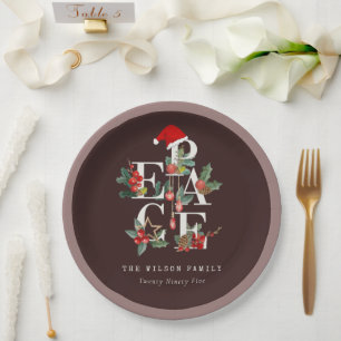 Brown Red Green White Peace Christmas Foliage Paper Plate