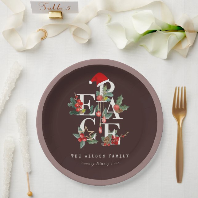 Brown Red Green White Peace Christmas Foliage Paper Plate (Wedding)