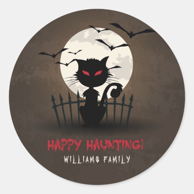 Brown & Red Happy Hunting Scary Cat Classic Round Sticker (Front)