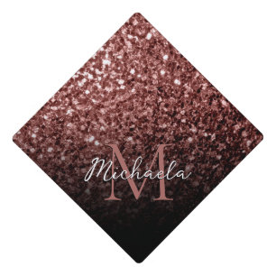 Brown red shiny faux glitter sparkle Monogram Graduation Cap Topper