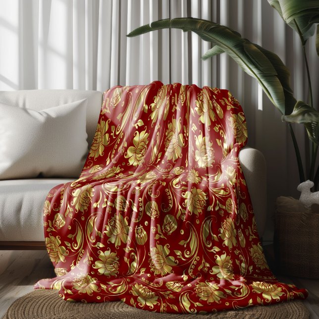 Brown-red & Shiny Gold Damask Pattern Fleece Blanket (Creator Uploaded)