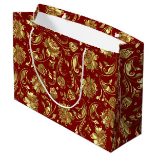 Brown-red & Shiny Gold Damask Pattern Large Gift Bag
