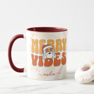 Brown Retro 70s Themed Merry Vibes Custom Name Mug