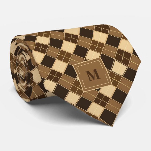 Brown Retro Argyle Monogrammed Tie (Rolled)