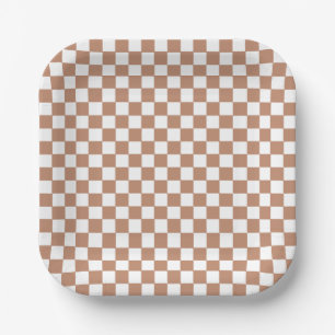 Brown retro check Birthday Paper Plate