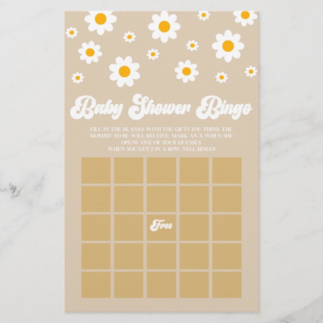 Brown Retro Daisy Bingo Baby Shower Game Stationery (Front)