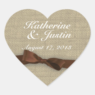 Brown Ribbon and Burlap Heart Heart Sticker