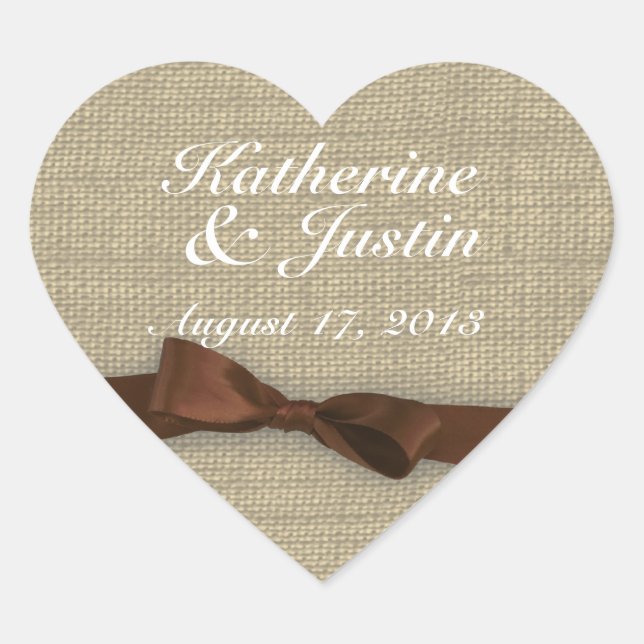 Brown Ribbon and Burlap Heart Heart Sticker (Front)